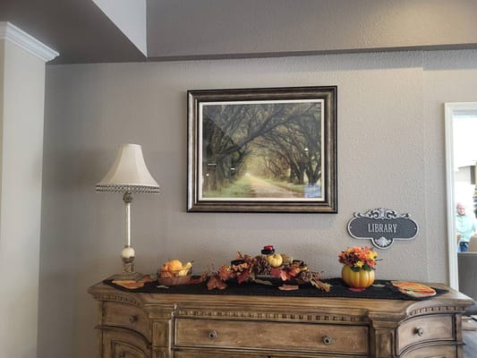 Interior decor with a seasonal display and library sign