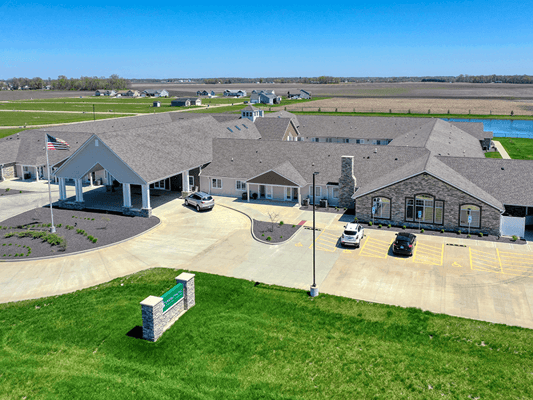 Aerial view of Cedarhurst facility showing gardens and parking