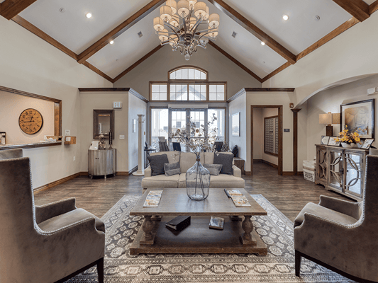 Bright lobby area with comfortable seating and decor