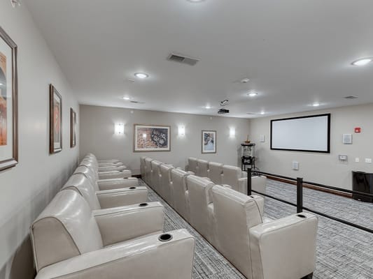 Interior of a cozy movie room with seating