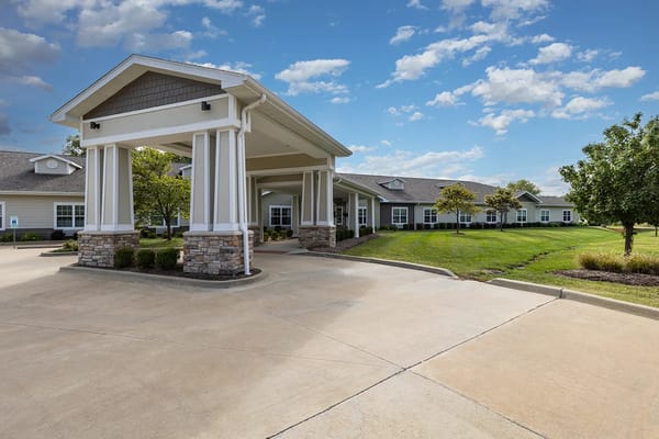Exterior view of a senior living facility entrance