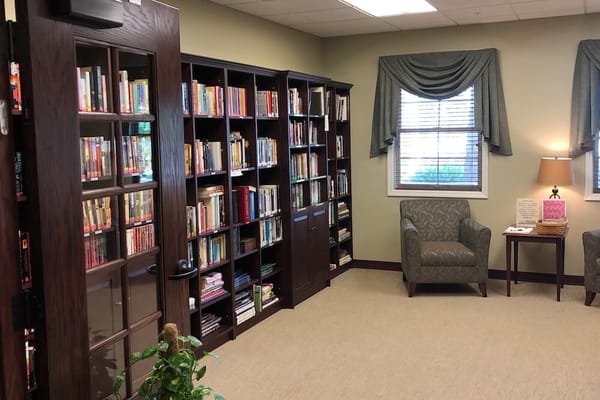 A cozy library corner with bookshelves and seating