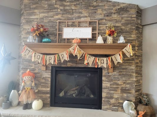 Interior decor with a seasonal banner and decorative items