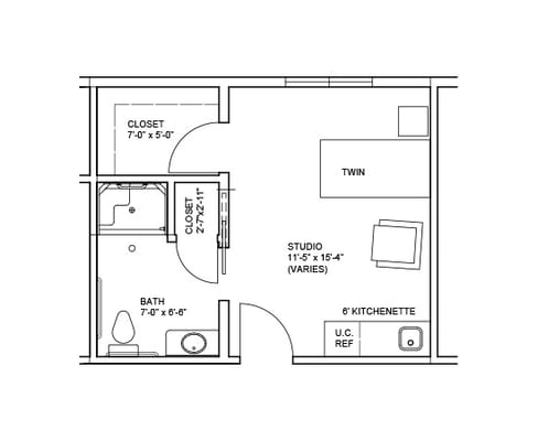 Architectural floor plan of a studio apartment
