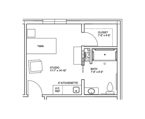 Architectural floor plan of a studio apartment