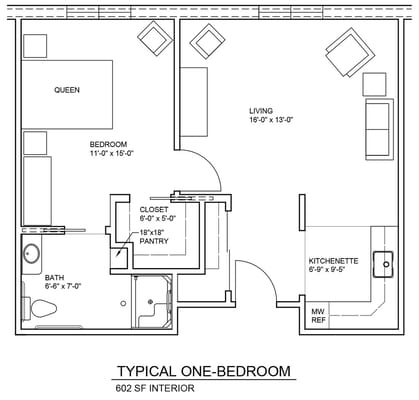 Architectural floor plan of a one-bedroom unit