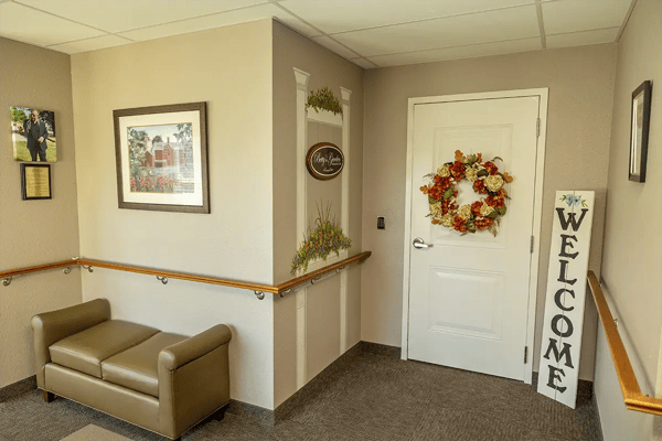 Welcoming entrance to a facility's interior with seating