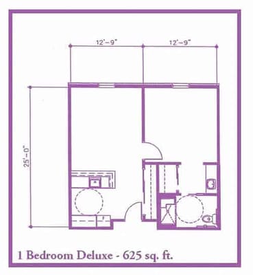 Floor plan for a 1 bedroom deluxe unit