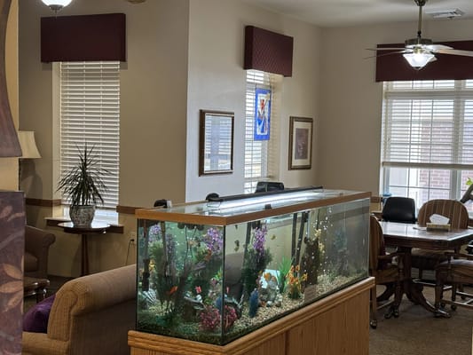 Interior view of a communal area with fish tank and seating