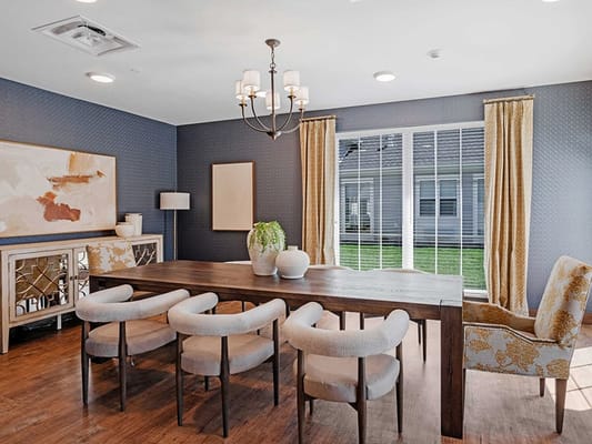 Bright dining area with modern decor and natural light