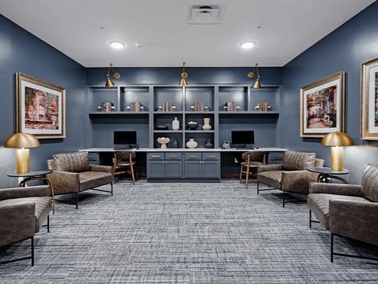 Interior of a cozy common area with seating and decor