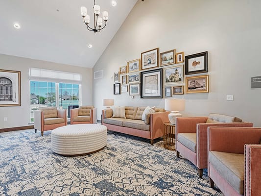 Bright common area with seating and decor