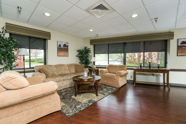 Warm common area with seating and decor