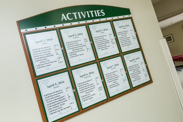 Activity schedule board for residents