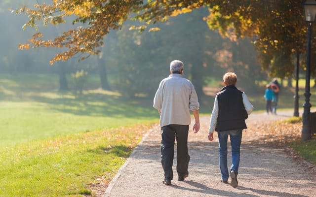 Two residents walking in a serene park
