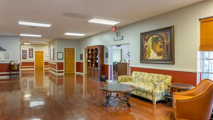 Bright and spacious common area with seating
