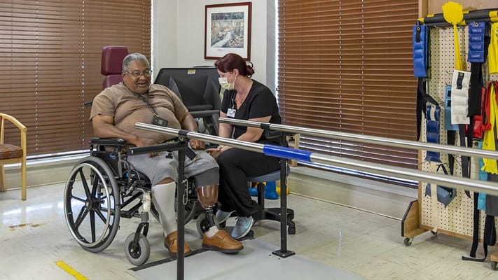 A resident in a wheelchair engaging in physical therapy with a staff member