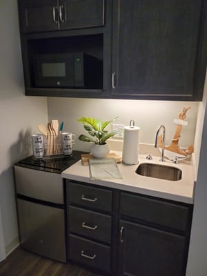 Cozy kitchenette area with microwave and plant.