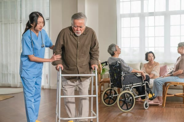 A nurse assisting an elderly man with a walker in a common area.