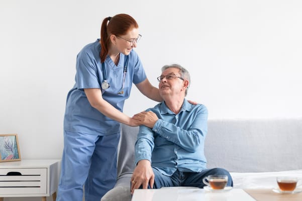 A caregiver chatting with a resident in a cozy interior