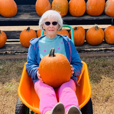 Senior woman holding a pumpkin in a wheelbarrow