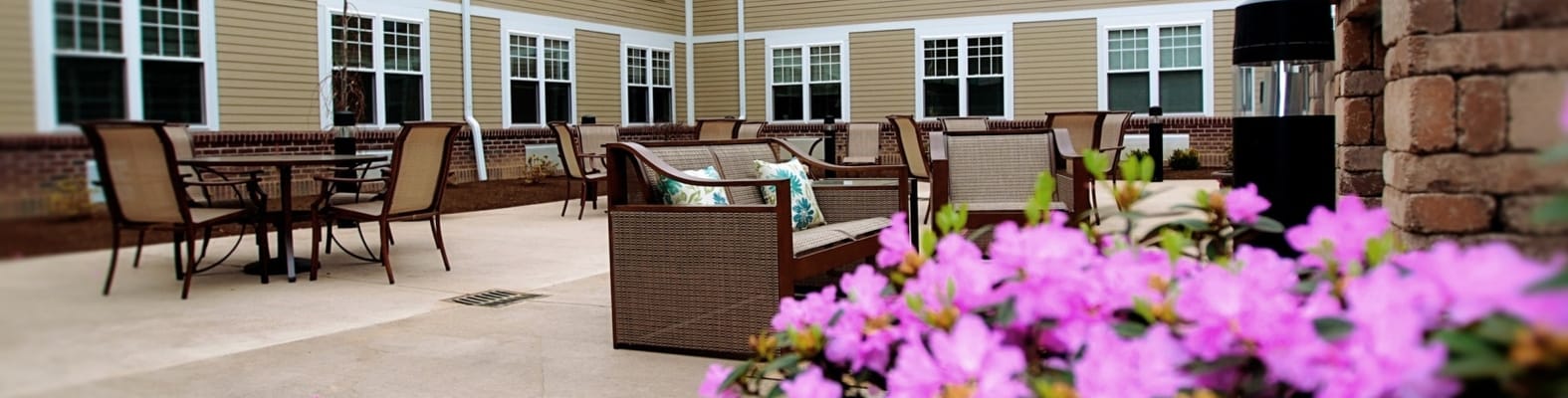 Outdoor seating area with flowers in bloom