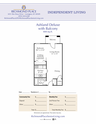 Architectural floor plan of Ashland Deluxe with Balcony