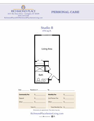 Floor plan of a studio apartment at Richmond Place