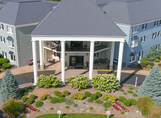 Aerial view of Richmond Place Senior Living's entrance and landscaping