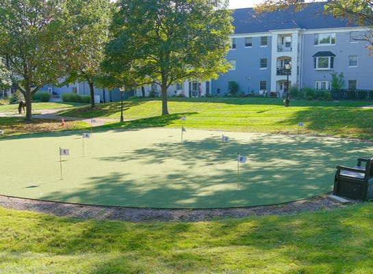 Outdoor putting green with flags and nearby building