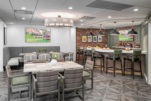 Bright, modern common area with food and seating