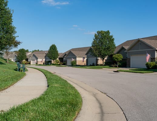 Quiet residential street with houses and American flags