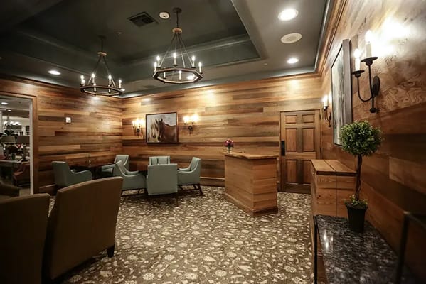 Interior common area with wooden walls and seating