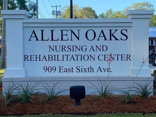 Facility signage displaying the name of Allen Oaks Nursing and Rehab Center