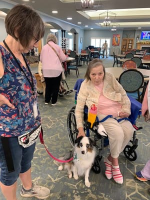 Residents interacting with a therapy dog in a common area