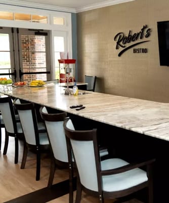 Interior view of a dining area with bistro signage