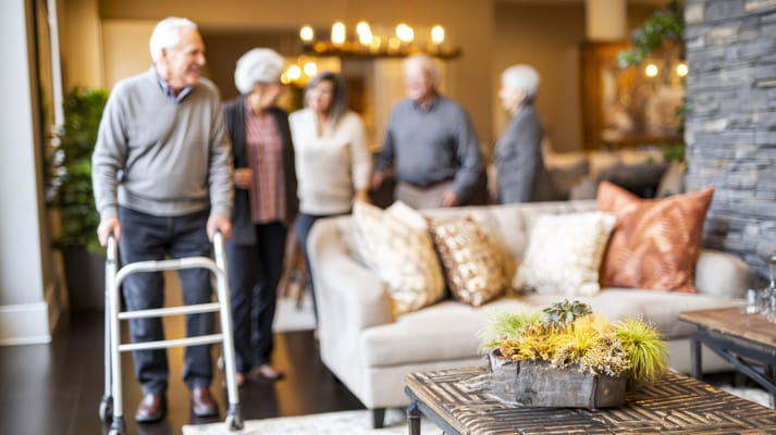 Residents interacting in a welcoming common area