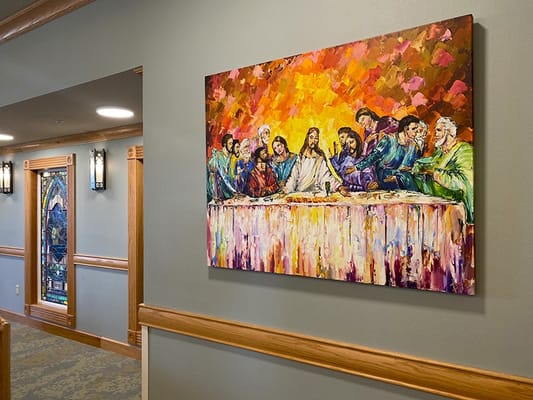 Vibrant mural in a facility hallway