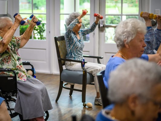 Residents participating in a group exercise activity