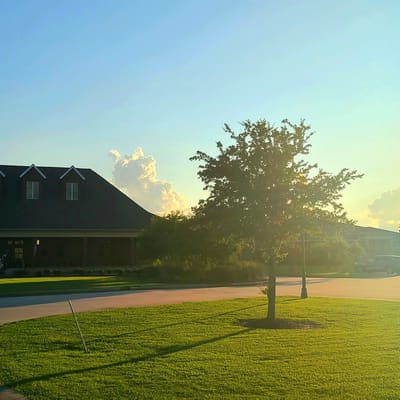 Exterior view of Lacour House in the evening light