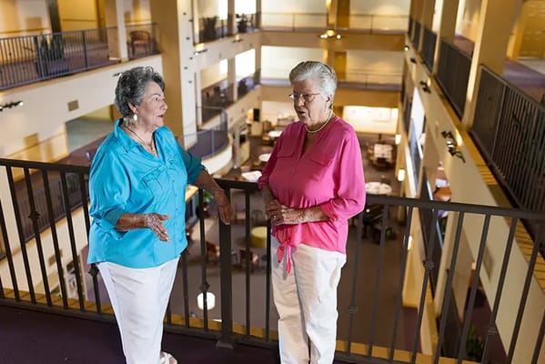 Two elderly women conversing in a common area