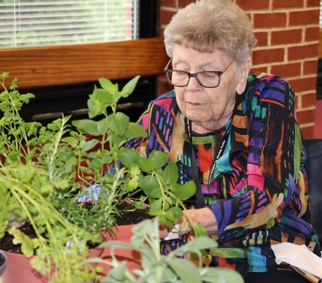 Resident participating in a gardening activity indoors