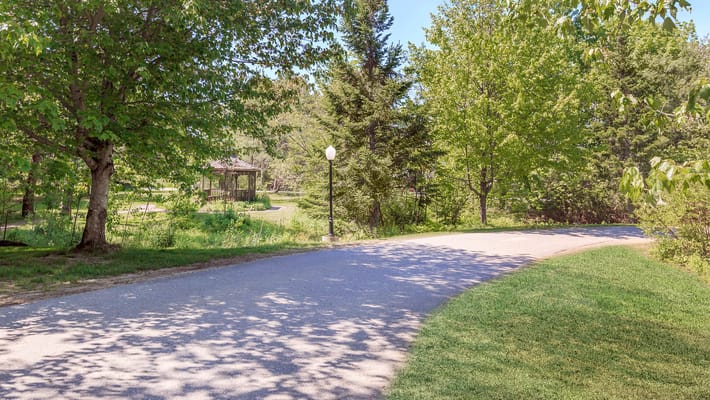A winding path surrounded by greenery in a serene outdoor space