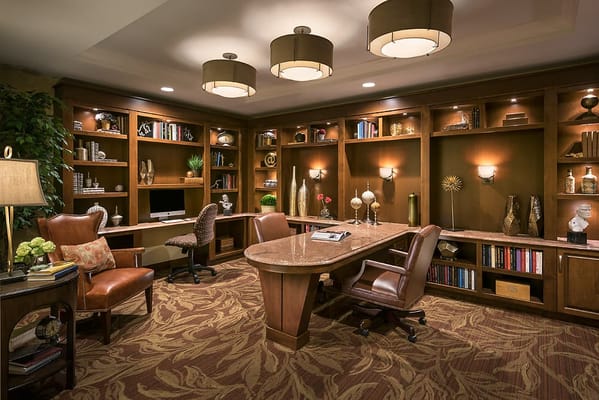 Cozy interior with bookshelves and decorative lighting