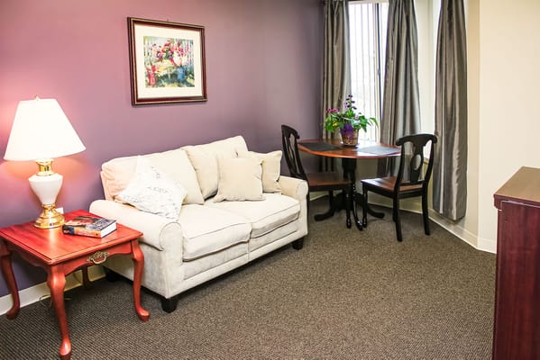 Comfortable living area in a senior resident room