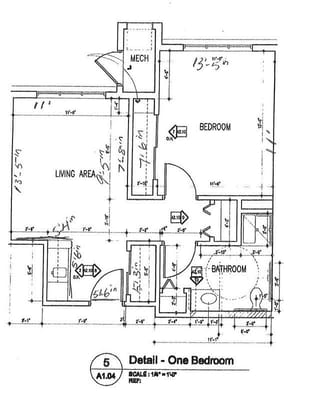 Architectural floor plan of a one-bedroom unit
