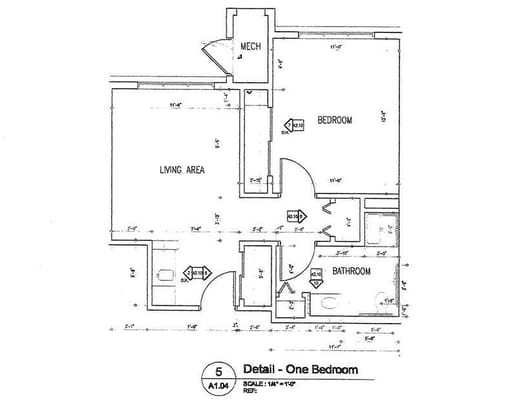 Architectural floor plan of a one-bedroom unit