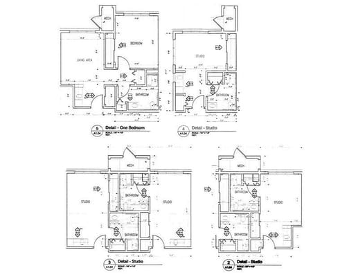 Architectural floor plans of studio and one-bedroom units