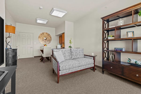 Bright living area of a senior care facility room