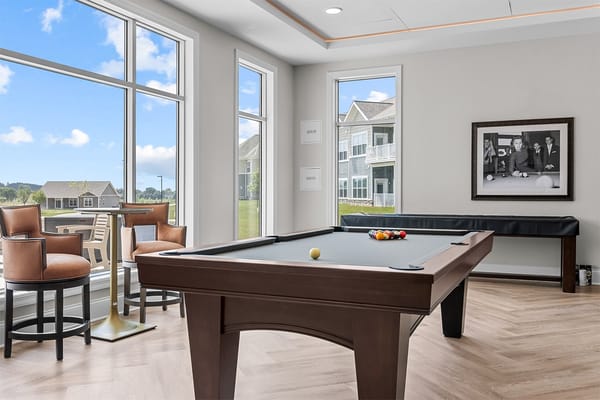 Bright activity room with a pool table and large windows